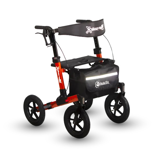 Andadera Xtreme Rollator de Aluminio, con Bolsa Porta Objetos de Nylon, Soportes para Teléfono/Botella y Bastón, Plegado Rápido, Reflector de Seguridad, Ruedas Neumáticas de 12", Horquilla Delantera de Aluminio, Naranja Cadmio